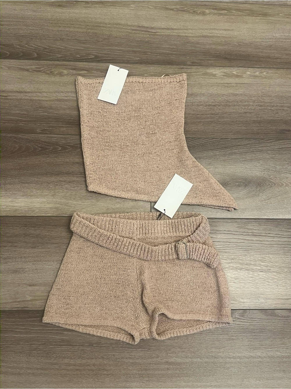 Zara light pink Knit High-Waist Bike Shorts Set